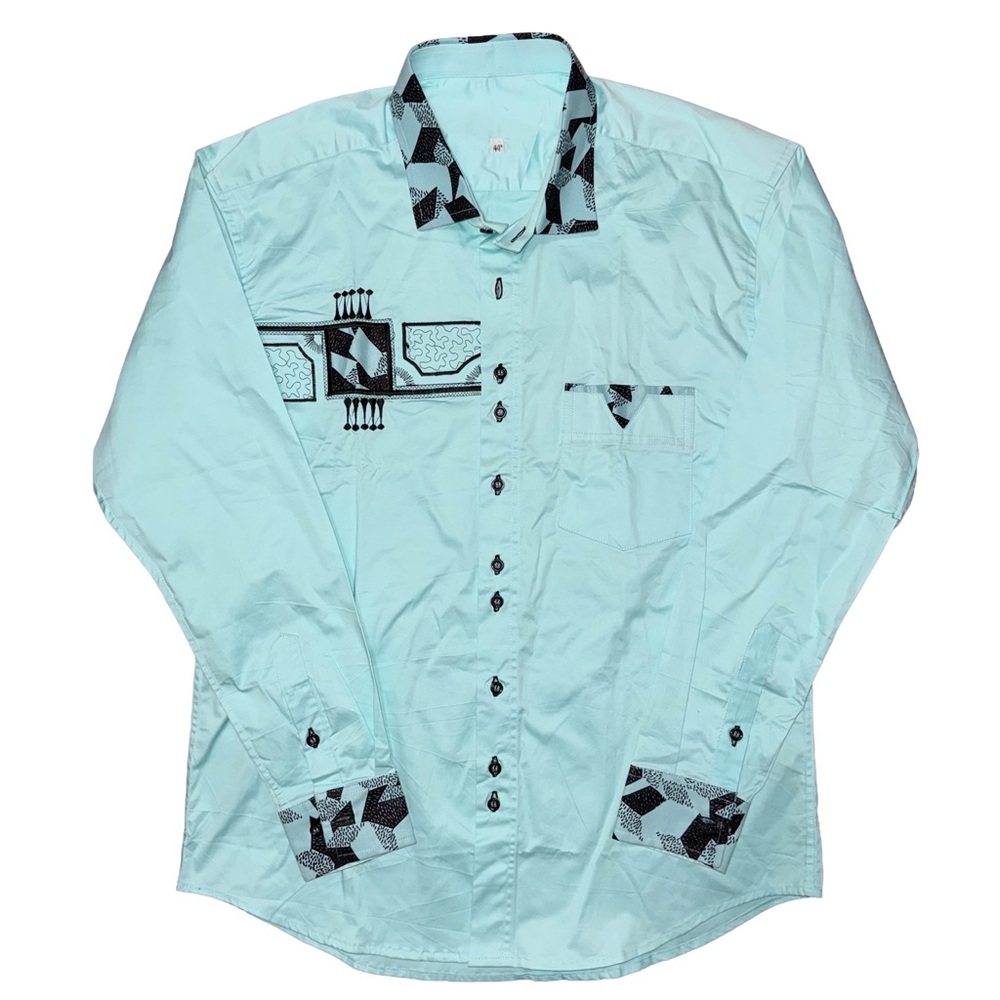 Light Blue Southwestern Aztec‎ Cowboy Western Embroidered Long Sleeve Shirt  44
